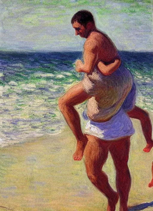 Image similar to a man carrying his child over his shoulders walking near the beach, anatomically correct, painting by monet, masterpiece