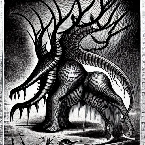 Image similar to bestiary of creatures from the depths of the unconscious psyche