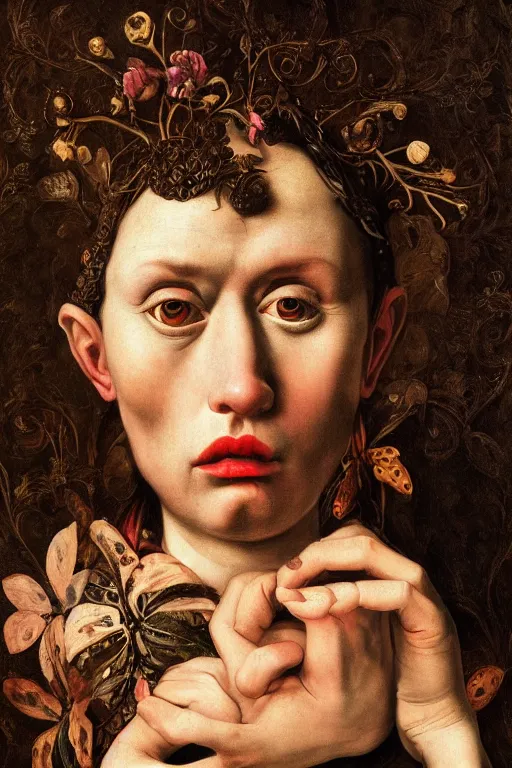 Image similar to Detailed maximalist portrait with large lips and with large eyes, sad exasperated expression, botany, extra hands limbs, HD mixed media, 3D collage, highly detailed and intricate illustration in the style of Caravaggio, dark art, baroque