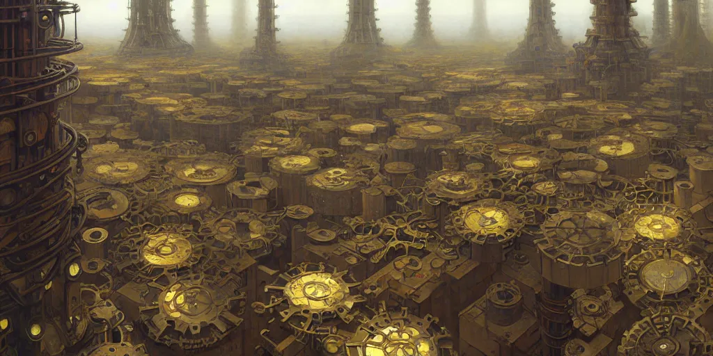 Prompt: giant interlocked cogs sprockets gears cogs, giant geometric mechanisms structures floating in space, industry, villages castles, buildings vista artstation illustration sharp focus vista painted by ruan jia raymond swanland lawrence alma tadema zdzislaw beksinski norman rockwell tom lovell alex malveda greg staples