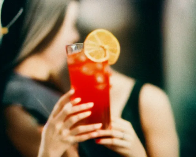 Prompt: a lomographic photo of girl drinking a cocktail, cinestill, bokeh, out of focus