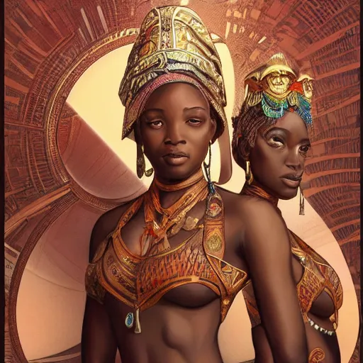 Image similar to three Zulu princesses!!! Elephants in background , intricate, elegant, highly detailed, digital painting, artstation, concept art, smooth, sharp, focus, illustration, art by artgerm and greg rutkowski and alphonse mucha