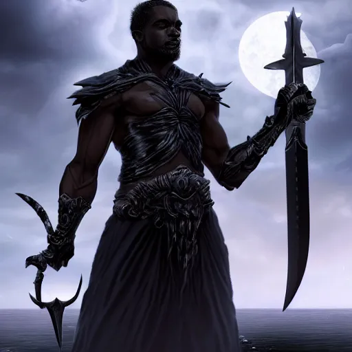 Prompt: A powerful handsome broad shouldered necromancer of jet black skin holding an exquisite sword standing at a distance. He gazes by the stormy sea and oozes extreme power and magic. Whole scene is powerful and magical and stunning to watch. Aesthetic!!!!!!, Unreal engine, 8k, trending on artstation, sharp focus, highly detailed, concept art, ultra HD, intricate, elegant,