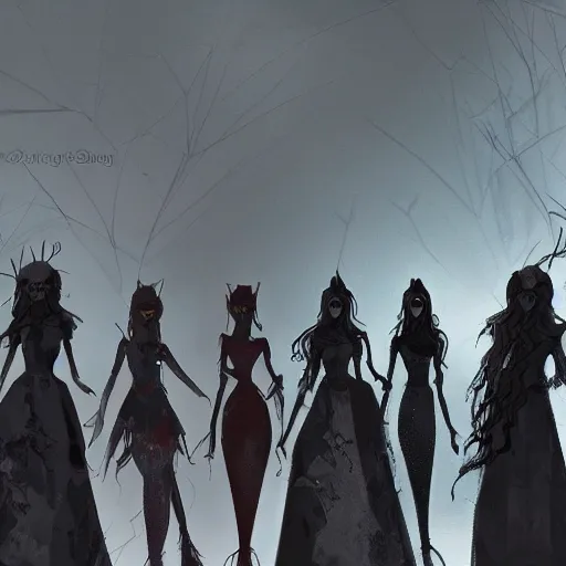 Image similar to a group of menacing dolls approaching the silhouette of an adventuring party, trending on artstation, digital art, dark fantasy