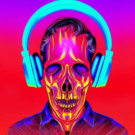 Image similar to melted human skull with headphones, retrowave, synthwave, psychedelic background with sacred geomerty elements in style of alex gray, digital art, artstation