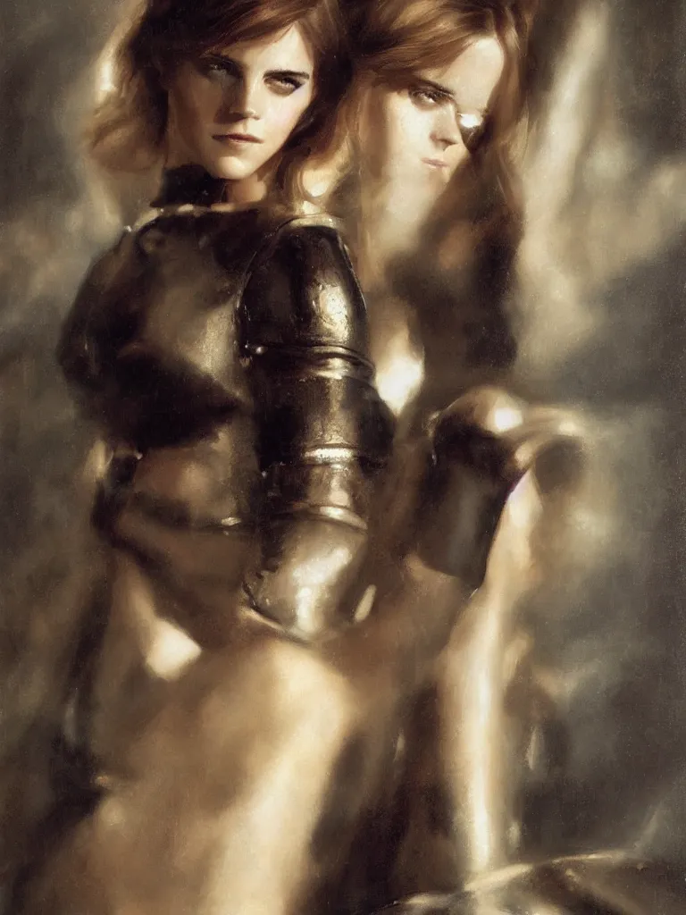 Image similar to close up of emma watson in full leather armor, cinematographic shot, by delphin enjolras and daniel f. gerhartz