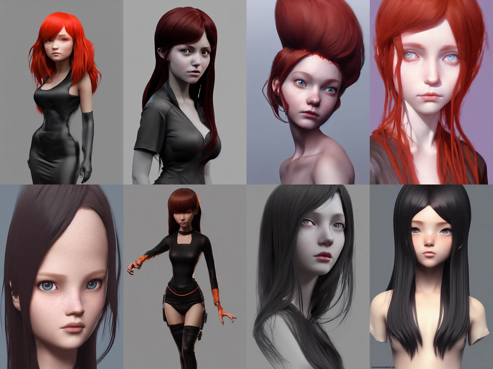 Prompt: Zbrush sculpt colored, Octane render in Maya and Houdini VFX, semirealistic redhead girl, black silky hair, black stunning deep eyes. By ilya kuvshinov, krenz cushart, Greg Rutkowski, trending on artstation. Amazing textured brush strokes. Cinematic dramatic soft volumetric studio lighting