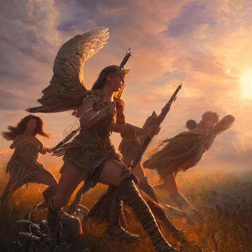 Prompt: the goddesses fraya going to war with her army of valkyries, golden hour, 8 k uhd, oil painting, high detail.