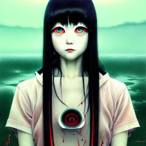 Prompt: look at me by junji ito, green red black blue eyes and long black hair by junji ito, painted by junji ito, rtx reflections, octane render 1 2 8 k, extreme high intricate details by wlop, digital anime art by ross tran, wide shot, composition by tom bagshaw, lighting by wlop