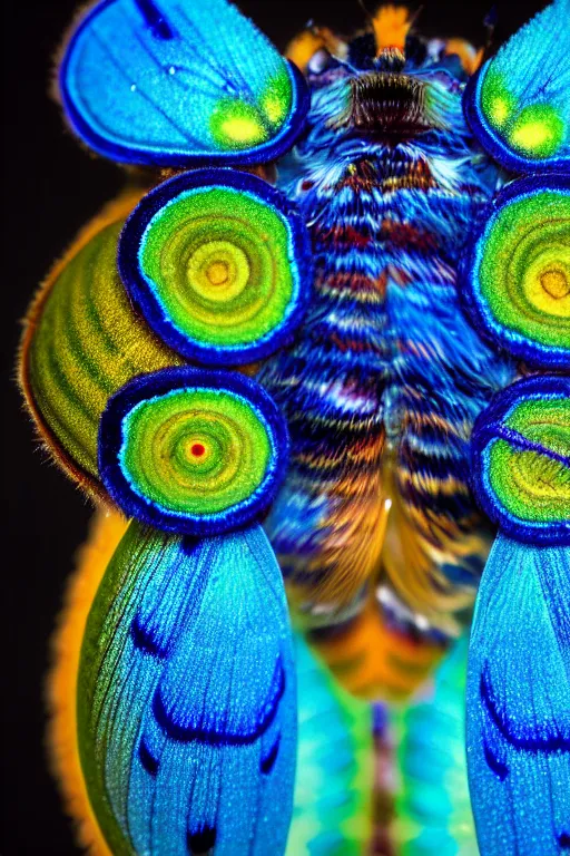 Image similar to high quality close-up photo art deco puss moth caterpillar! gorgeous highly detailed hannah yata elson peter cinematic blue lighting high quality low angle hd 8k sharp shallow depth of field