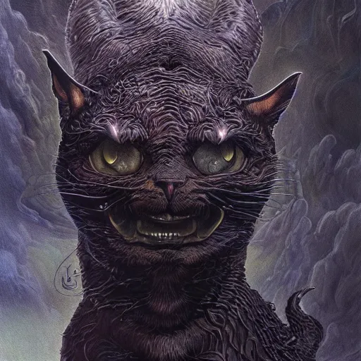 Image similar to photorealistic rendering of eldritch demon cat in the style of michael whelan, gustave dore, and stefan koidl. hyperdetailed photorealism, 1 0 8 megapixels, cinematic lighting.