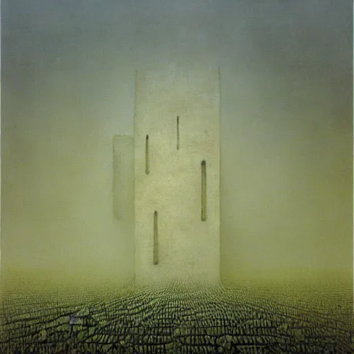 Prompt: arm reaching out of thick fog, symetrical rows of stone blocks in far distance, floating in air, intricate, zdzislaw beksinski