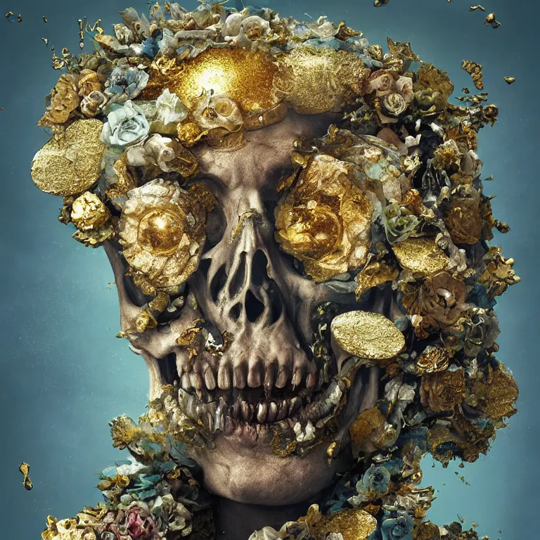 Image similar to A beautiful oil painting hyperrealism of a rotting zombie king made of marble stone, gold throne , grey beard, skull bones flowers, 8k resolution, octane render, Trending on artstation, by Gediminas Pranckevicius, volumetric light 2blue fractal Thunder glow by dan mumford, anaglyph effect, Laurie Lipton