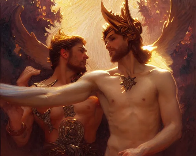 Image similar to attractive pagan male deity, summoning handsome lucifer morning star. highly detailed painting by gaston bussiere, craig mullins, j. c. leyendecker 8 k