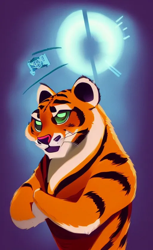 Image similar to “portrait of tiger in the style of the movie zootopia holding a laser gun, with a dark background behind him”