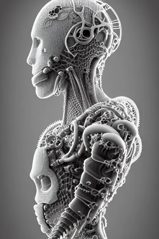 Image similar to bw 3 d render, hyper detailed, stunning beautiful biomechanical albino angry soldier cyborg with a porcelain profile face, beautiful natural soft rim light, big leaves and stems, roots, fine foliage lace, alexander mcqueen, studio ghibli, herge, art nouveau fashion embroidered, steampunk, silver filigree details, hexagonal mesh wire, mandelbrot fractal, 8 k
