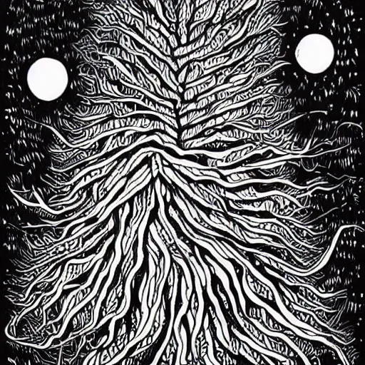 Image similar to black and white ink doodle illustration of an ancient tree floating in outer space, overgrown with funghi, style by peter deligdisch, peterdraws