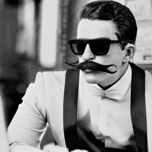 Prompt: long shot of julius ceasar look - alike with dark hair, mustache, looking towards right side of camera, wearing sunglasses and suit in front of the bar, photorealistic, cinematic