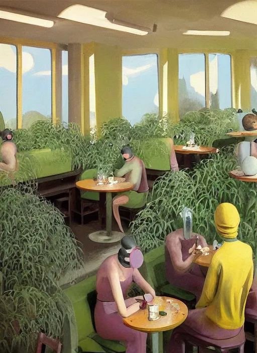 Image similar to spherical people with gas masks at restaurant overgrown with vegetation in the style of Edward Hopper and James Gilleard, Zdzislaw Beksinski, open ceiling, highly detailed, painted by Francis Bacon, painted by James Gilleard, surrealism, airbrush, Ilya Kuvshinov, WLOP, Stanley Artgerm, very coherent, art by Takato Yamamoto and James Jean