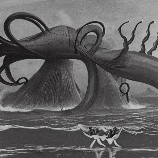 Prompt: dancing ladies on a boat being destroyed by a giant squid.