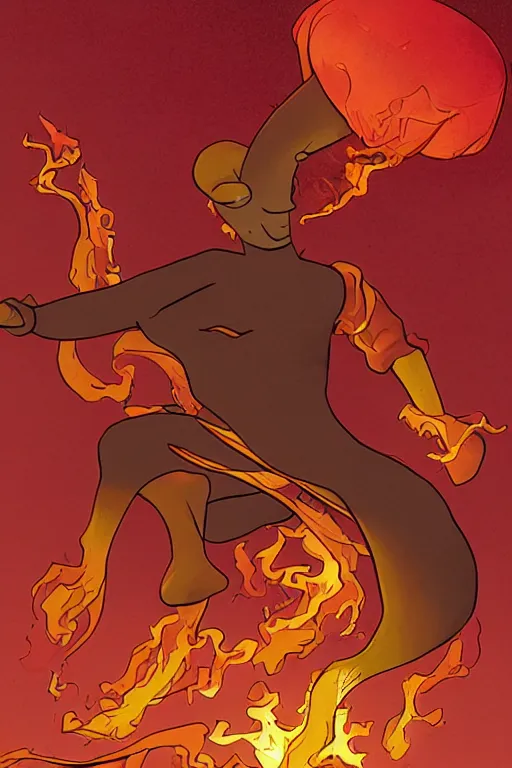 Image similar to squidward firebending outside at susnset, art by [ [ moebius ] ]