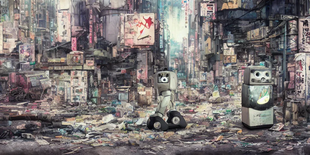 Prompt: broken robot lying deserted shinjuku junk town, watercolor, ghost in the shell, soft bloom lighting, paper texture, bright sun bleached ground, vending machine, robot lurks in the background, koji morimoto, katsuya terada, genius party, animatronic, black smoke, pale, beige sky pencil marks, hd, 4k, remaster, dynamic camera angle, fish eye, dynamic scene