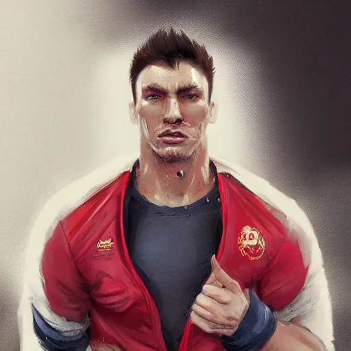 Image similar to a award winnimg commission portrait of a fit anthro bull wearimg a red tracksuit,digital art,art by greg rutkowski,character design by charles bowater,professional character design,ross tran,artstation,deviantart,photorealistic,detailed face,hyperdetailed,4k