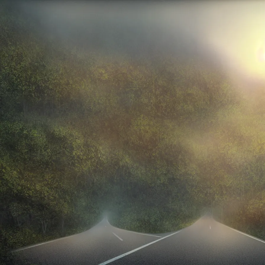 Prompt: surrealist abstract art of a highway road leading to the horizon through a thick giant forest down a rocky mountain coast towards a majestic sunset. atmospheric foggy landscape, soft tones, psychedelic, ultra realistic, concept art, modern art, photorealistic, octane render. art by nori inoguchi and sam kaplan and zachary goulko and christopher marley