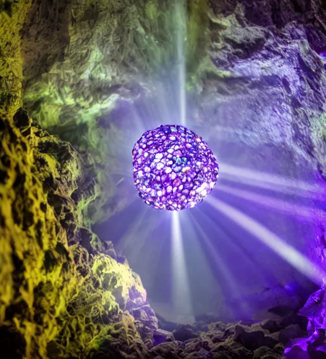 Prompt: luminous punisher symbol deep purple crystal growing in a cave with smoke and light rays.