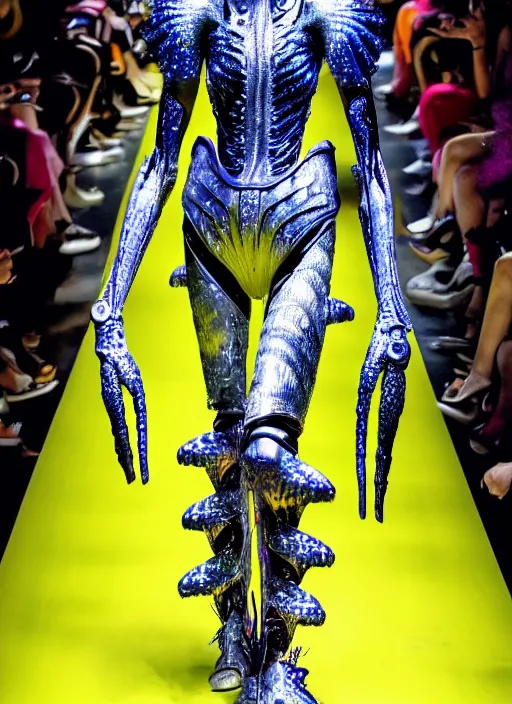 Image similar to walking down the catwalk, ben watts, show, stage, vogue photo, podium, fashion show photo, iris van herpen, beautiful woman, full body shot, helmet on face, masterpiece, plant predator, guyver, jellyfish, biomechanical details, movie still, fauvism, cinestill, bokeh, gelios lens