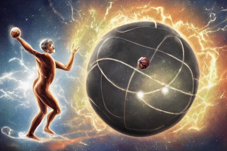 Image similar to Gods are playing football with planets