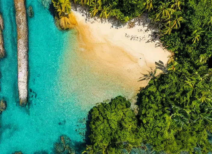 Image similar to aerial view of a beautiful beach with tropical trees, sunny day, cinematic, beautiful light