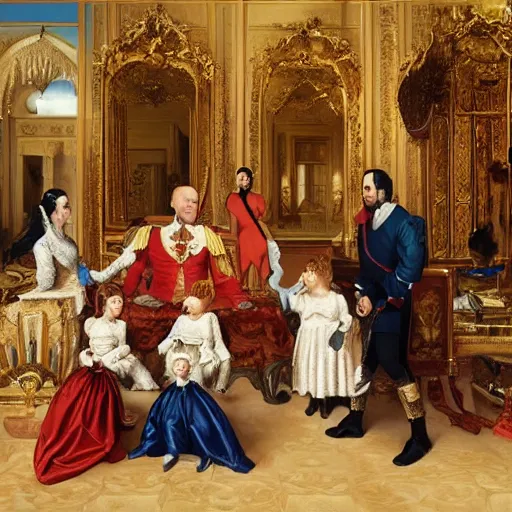 Image similar to royal family during an argument, hyper realistic painting, ultra detailed, exaggerated expressions, dynamic light, atmosphere