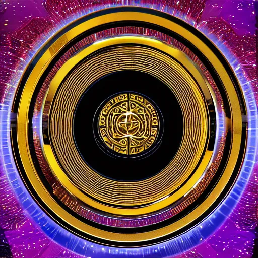 Prompt: HD, logo of the intergalactic civilization of Utopia, 3 intricate interlinked golden rings in the style of techno-utopian artist