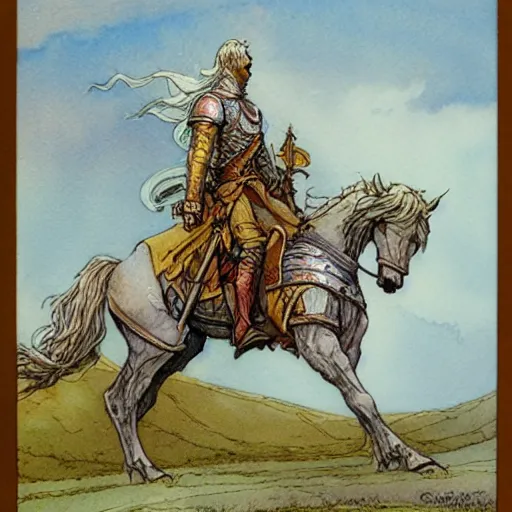 Image similar to a realistic and atmospheric watercolour fantasy concept art of a knight on a white horse, muted colors. by rebecca guay, michael kaluta, charles vess and jean moebius giraud,