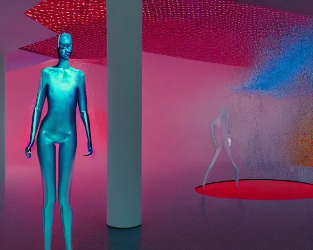 Image similar to a transforming model wearing futuristic bodysuit waving a flag on a rotating platform in a bullring surrounded by lights by james jean and luc tuymans and beeple and hernan bas and pat steir and hilma af klint, psychological, 3 d, dripping paint, high quality render, masterpiece