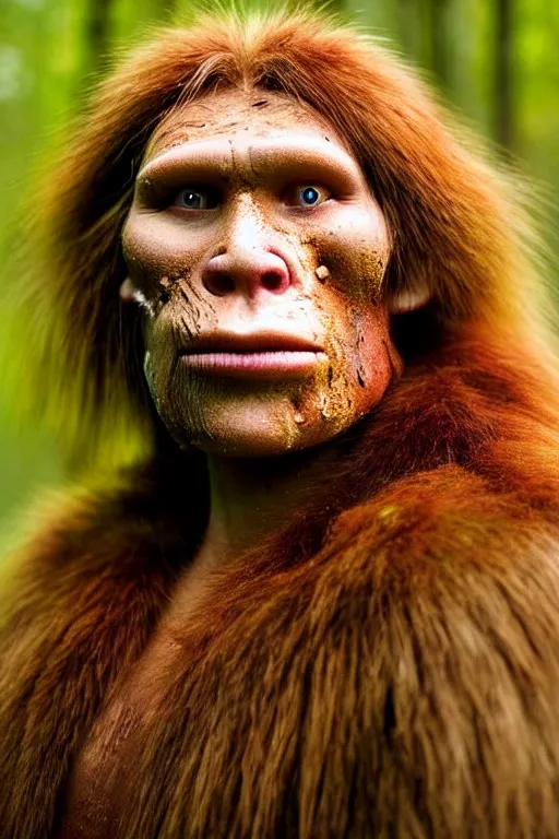 Prompt: a professional portrait photo of a neanderthal woman in the forest in winter, mud on face, ginger hair and fur, extremely high fidelity, natural lighting, still from the movie quest for fire