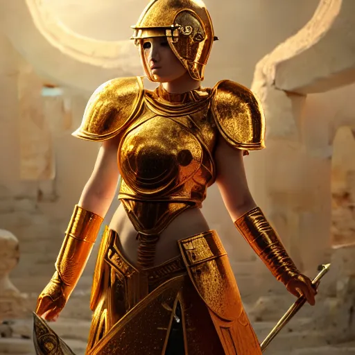 Image similar to An portrait of a female Knights of Zodiac, golden and copper armor, at ancinet Agora of Athens, ruins, Golden Light, illustration, art by greg rutkowski, Daeho Cha and WLOP, volumetric light, lightrays, smoke, cinematic, intricate, hypermaximalist, super detailed