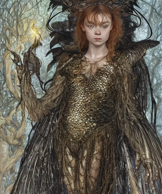 Prompt: a portrait photograph of a fierce sadie sink as a strong alien harpy queen with amphibian skin. she trying on a glowing and black lace shiny metal slimy organic membrane shrug and transforming into an evil insectoid snake bird. by donato giancola, walton ford, ernst haeckel, peter mohrbacher, hr giger. 8 k, cgsociety