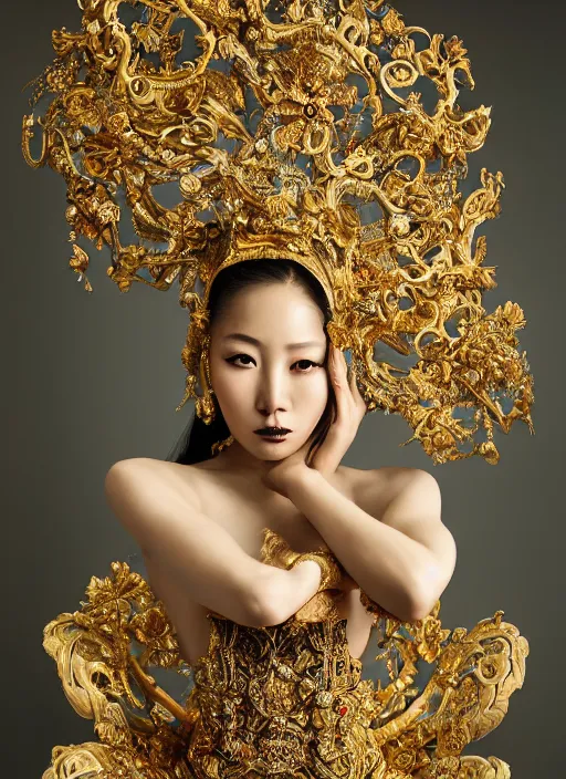 Prompt: a portrait of asian female by stefan geselle and nekro borja, photorealistic, intricate details, hyper realistic, fantasy, elegant, baroque gold headpiece, photorealistic, canon r 3, photography, wide shot, symmetrical features, symmetrical pose, wide angle shot, head to toe, standing pose, feet on the ground, wearable art