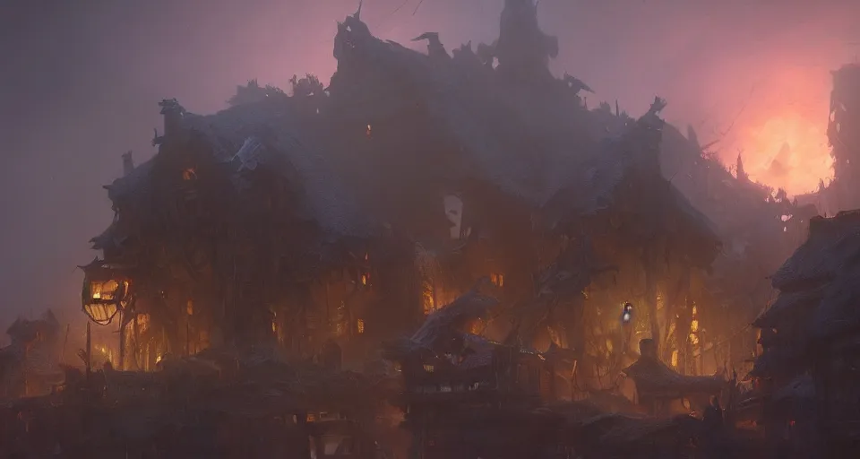 Image similar to big giant ogre troll with a club attacks wooden village houses. Destruction dust and fog. Atmospheric beautiful by Eddie mendoza and Craig Mullins. volumetric lights