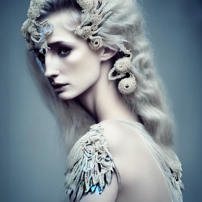 Image similar to photo portrait of a beautiful woman like a dark fallen angel, dressed in long elegant intricate ornamental white dress,intricate fractal ornament in the bust with a very long neck , , elegant, highly detailed intricate baroque ornament in her blond long hair, Realistic, Refined, Highly Detailed, Cinematic Lighting,, photo-realistic, 8K , fine art photography by Flora Borsi, volumetric lighting, pastel colors scheme , hyper realistic photography in style of Vogue Fashion magazine