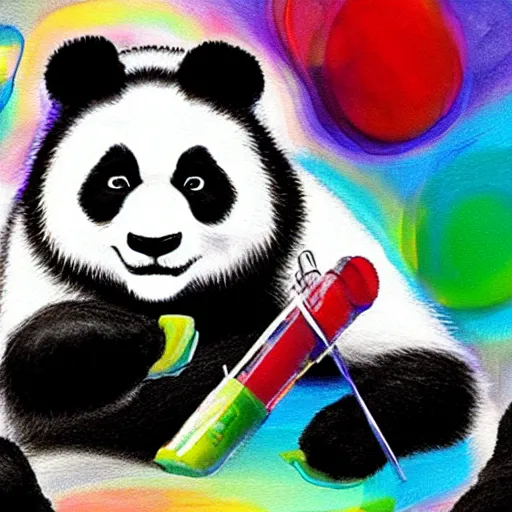 Prompt: panda mad scientist mixing sparkling chemicals, high-contrast painting