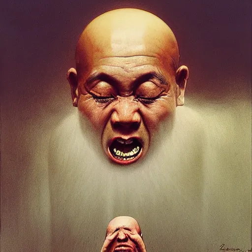 Image similar to a monk screams once he reaches the same enlightenment as the buddha, by gerard grom, zdzislaw beksinski and ansel adams, 4 k artstation