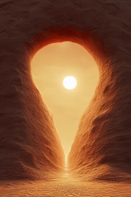 Prompt: Sandworm, Shai-Hulud, spice, magical, sunset, orange mist, Frank Herbert, hyper realistic, digital art, octane render, trending on artstation, artstationHD, artstationHQ, unreal engine, 4k, 8k