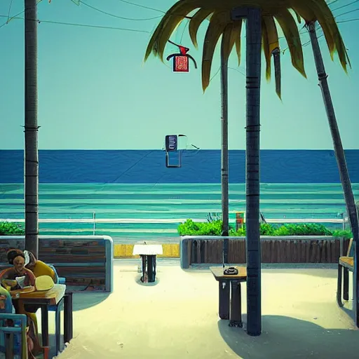 Image similar to inside diner at the beach with palm trees by simon stalenhag