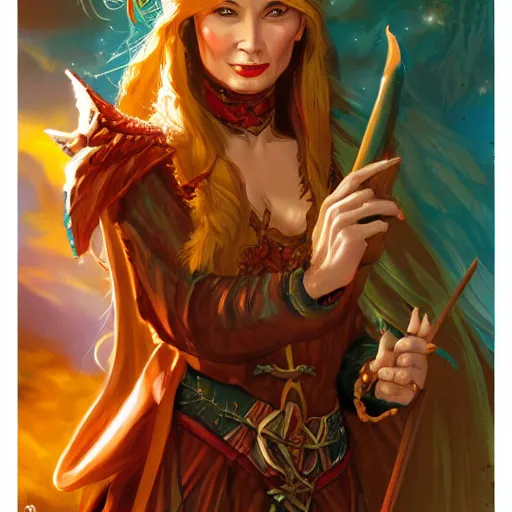 Image similar to Character portrait, face close up: Half Elf Female Celestial Warlock (with imp familiar). Tori Amos avenging angel. In the style of Ralph Horsley