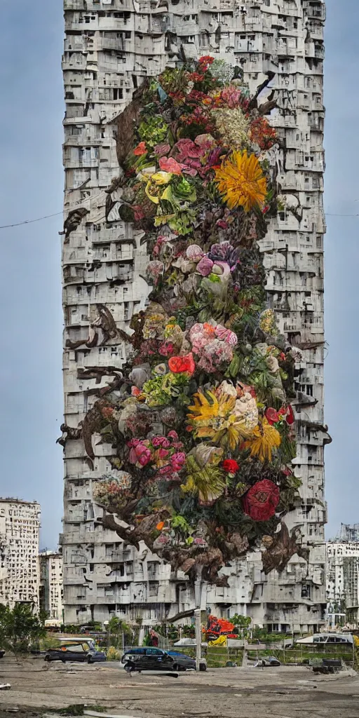 Prompt: giant grotesque flower in the middle of abandoned post soviet constructivist cityscape, Stalinist architecture, ultradetailed by Josan Gonzalez and Giuseppe Arcimboldo