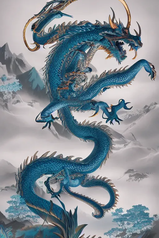 Prompt: very detailed, singular and gorgeous, a complete powerfull dragon asian style, matte painting, vibrant color scheme, v - ray, houdini, by brok hofer and hokusai and zhelong xu, google, artstation