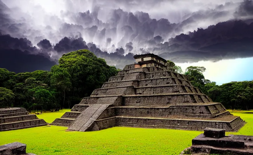 Prompt: very detailed photograph of an elaborate precolombian ancient alien temple complex, with lighted reflective chrome saucer spacecraft overhead, at magic hour. cumulonimbus storm clouds float over. background foliage, rocks with lichen. atmospheric haze, radiosity